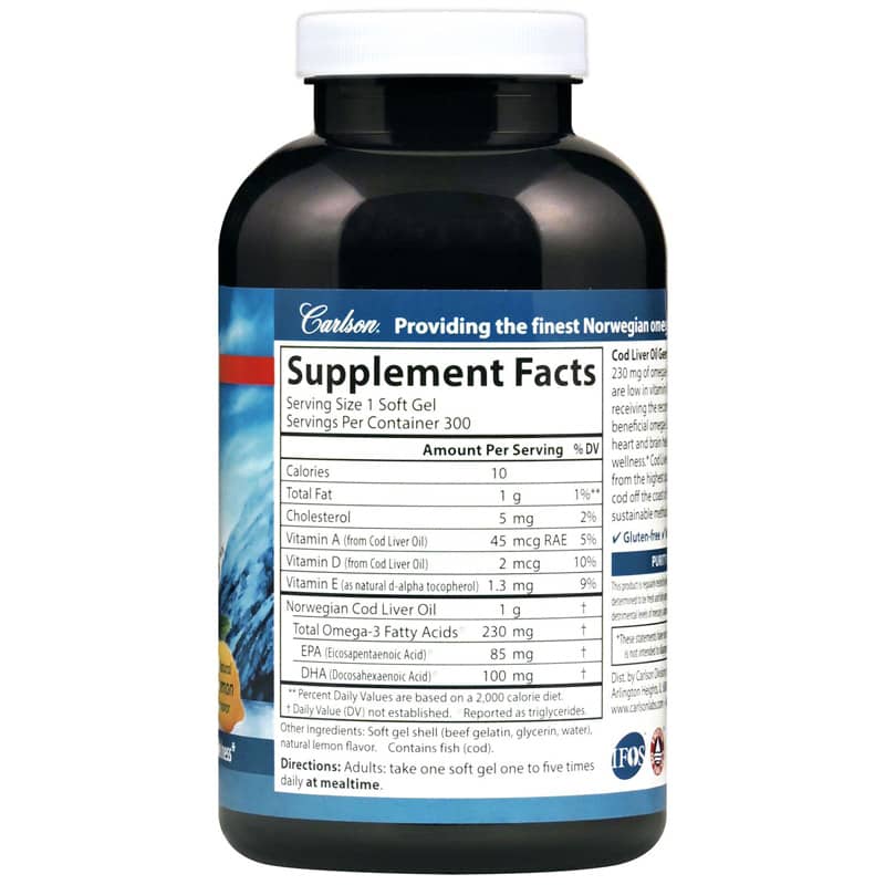 Cod Liver Oil Omega3s Low Vitamin A Formula with Natural Lemon Flavor, Carlson Labs